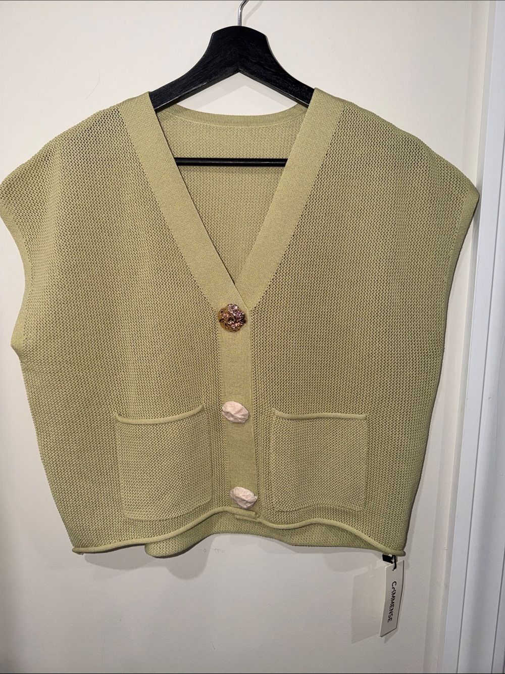 Commense Olive Green V-Neck Knit Sweater Vest with Decorative Buttons
